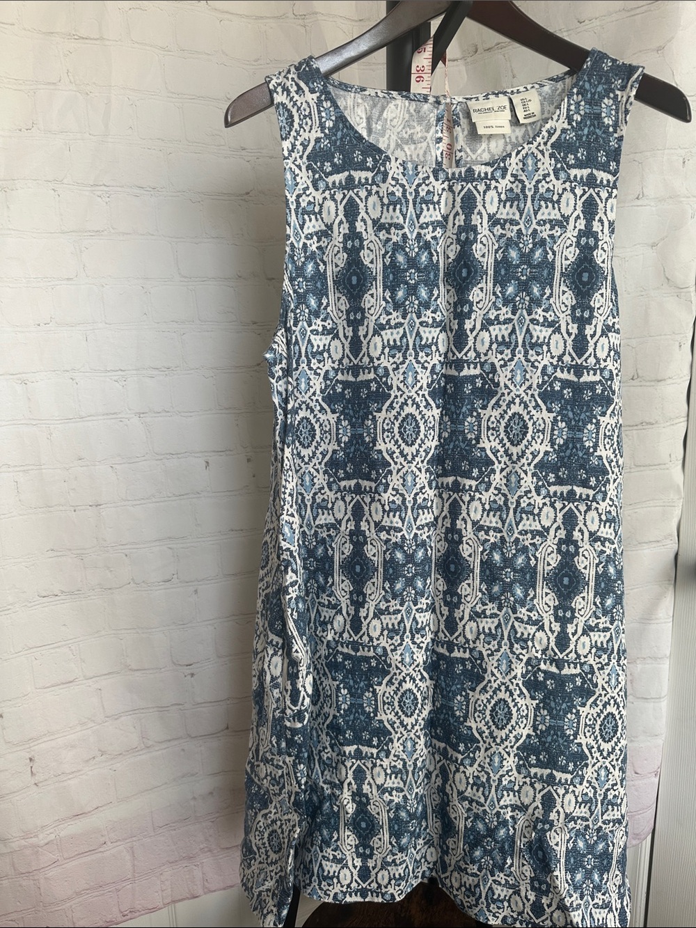RACHEL ZOE 100%linenTwelve by Twelve Blue & White Sleeveless Printed Shift Dress